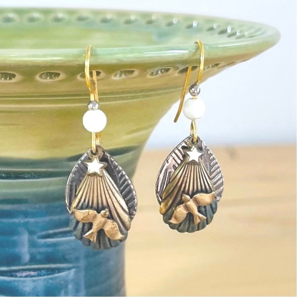 Bird Star Bead Wire Dangle Drop Earrings Gold & Antiqued Tones